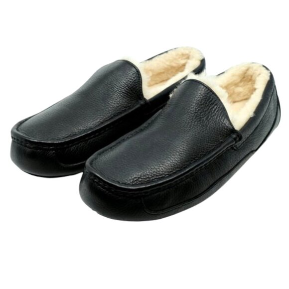 UGG~Ascot Slipper~MEN"S BLACK LEATHER & SHEARLING MOCCASIN SHOE SIZE 12 - Picture 1 of 7